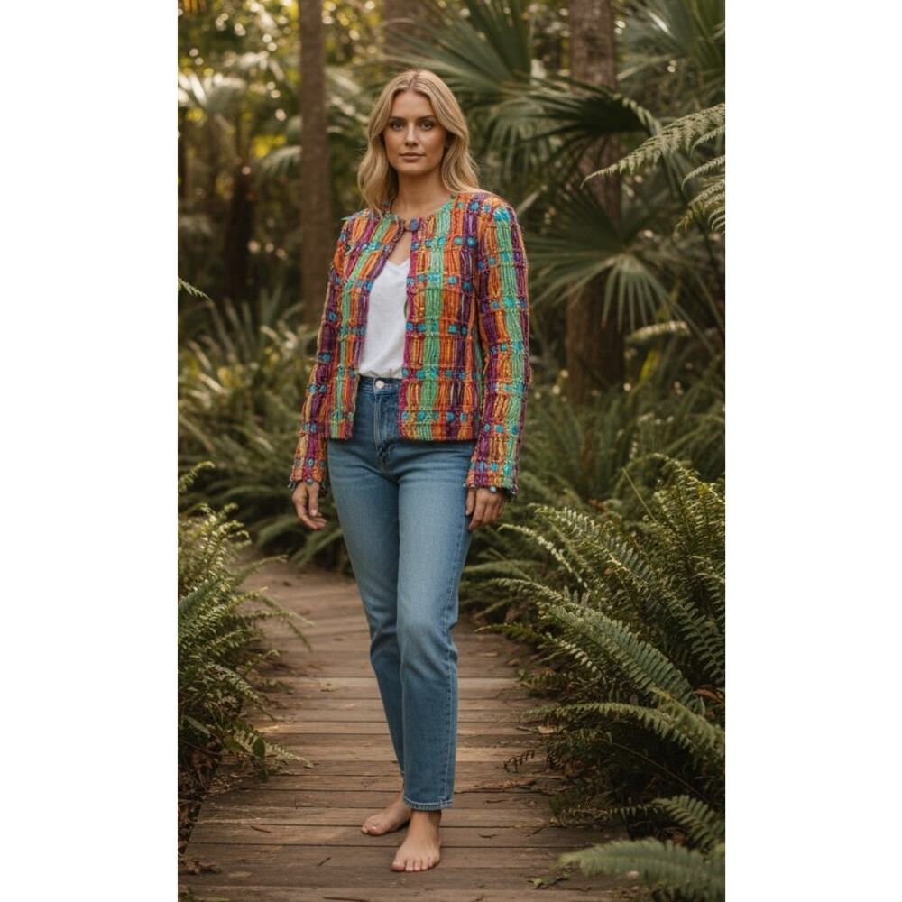 Sandy Starkman Textured Ribbon Jacket Boho Art to Wear Cropped Blazer S